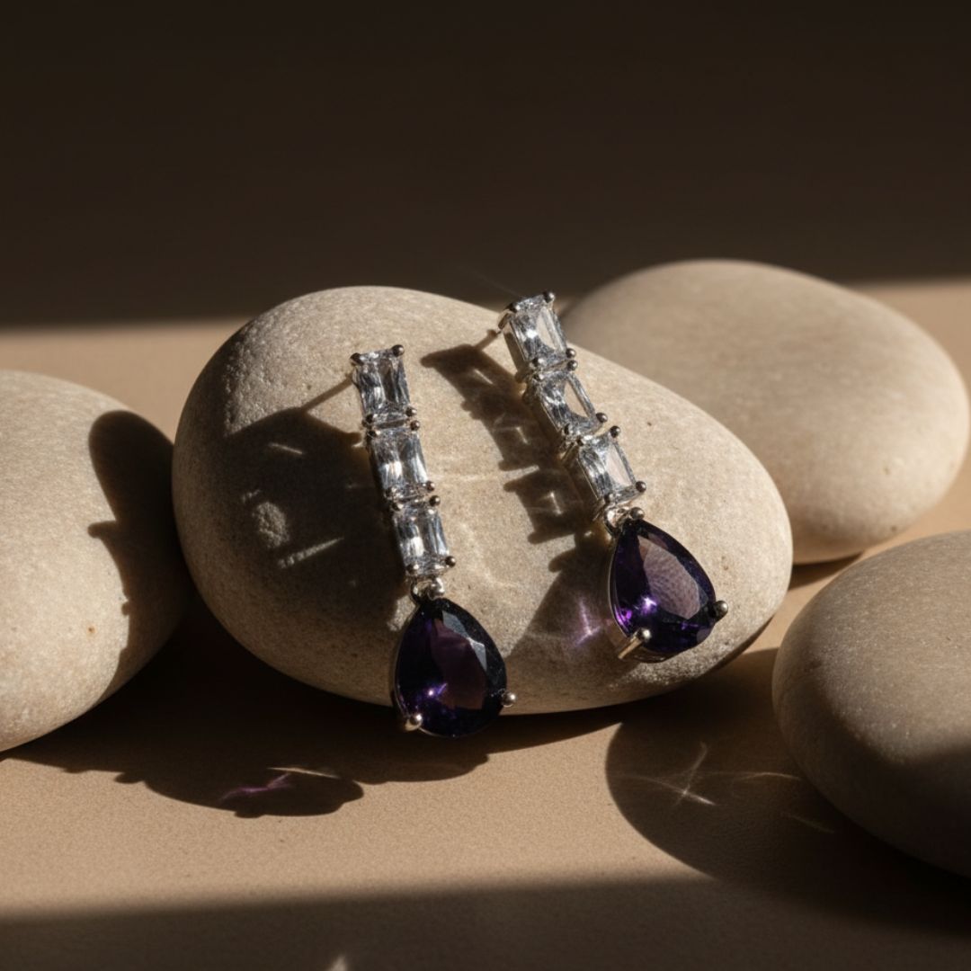 American Diamond Linear Purple Drop Earrings