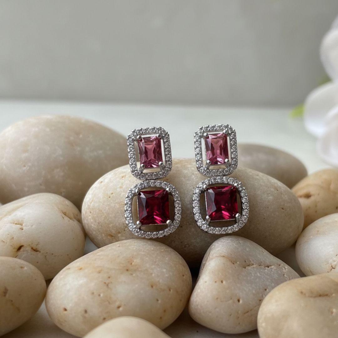 American Diamond Red and Pink Stud Earrings
