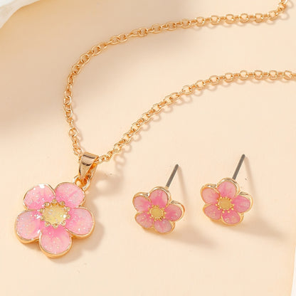 Pink Flower Charm Set – Kids Necklace & Earrings