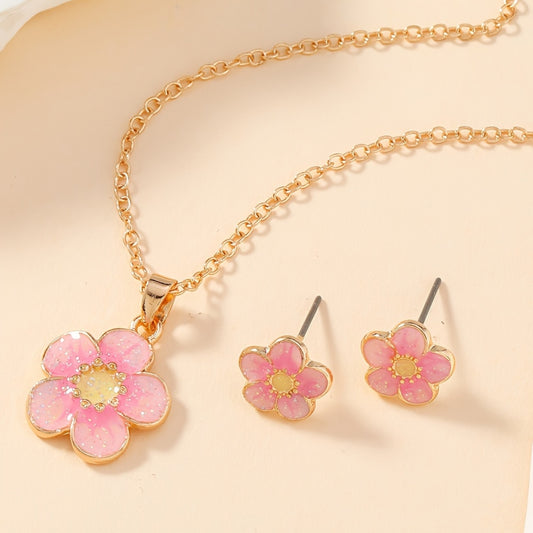 Pink Flower Charm Set – Kids Necklace & Earrings