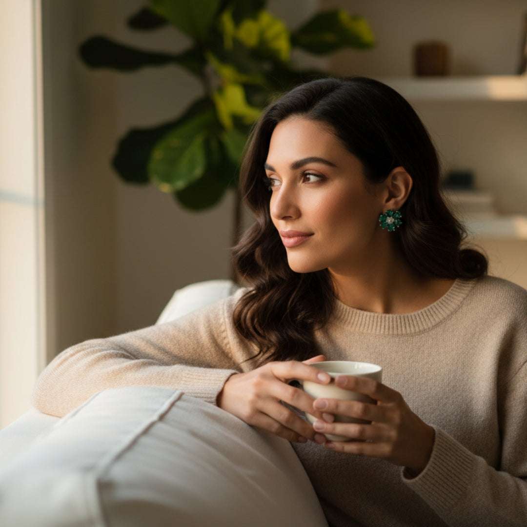 American Diamond Green Enamel Floral Earrings