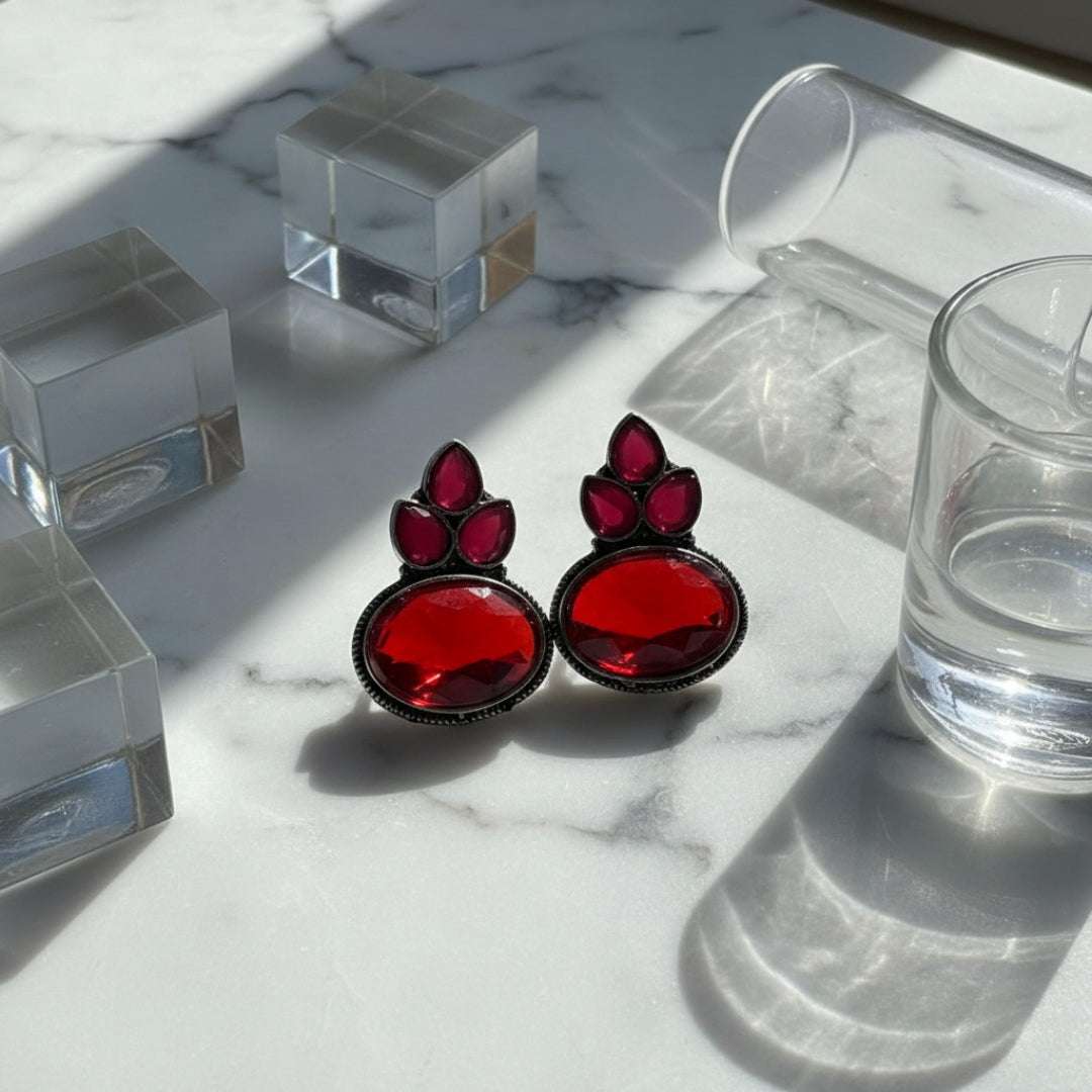 Oxidized Ruby Red Stone Dangling Earrings