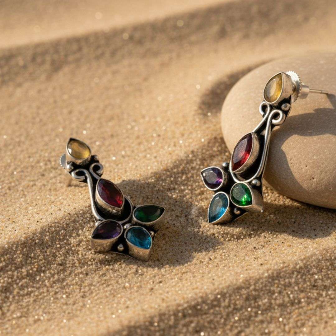 Oxidized Multicolor Navratna Stud Earrings