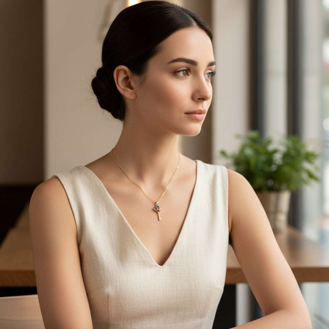 Gold Key Pendant Necklace with Colorful Stones