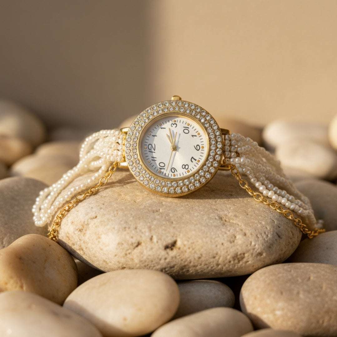 Gold Pearl Strand Watch – Elegant Multi-Layer Bridal Bracelet
