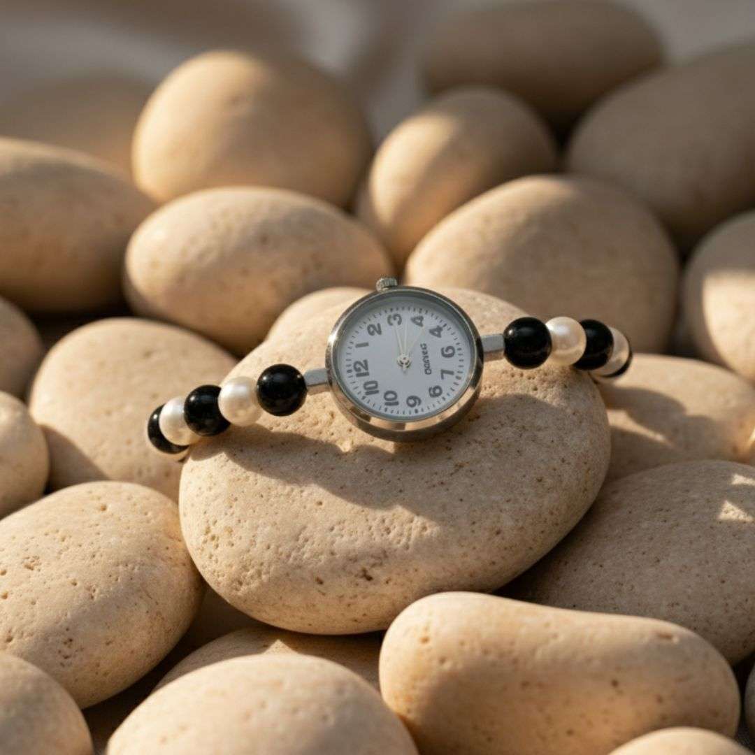 Black & White Bead Bracelet Watch – Elegant Monochrome Design