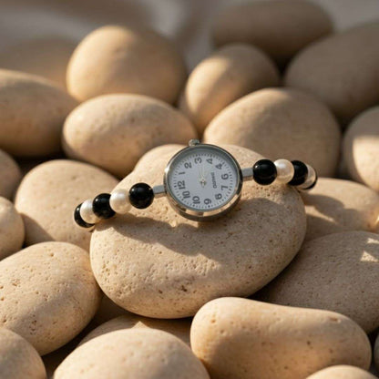 Black & White Bead Bracelet Watch – Elegant Monochrome Design