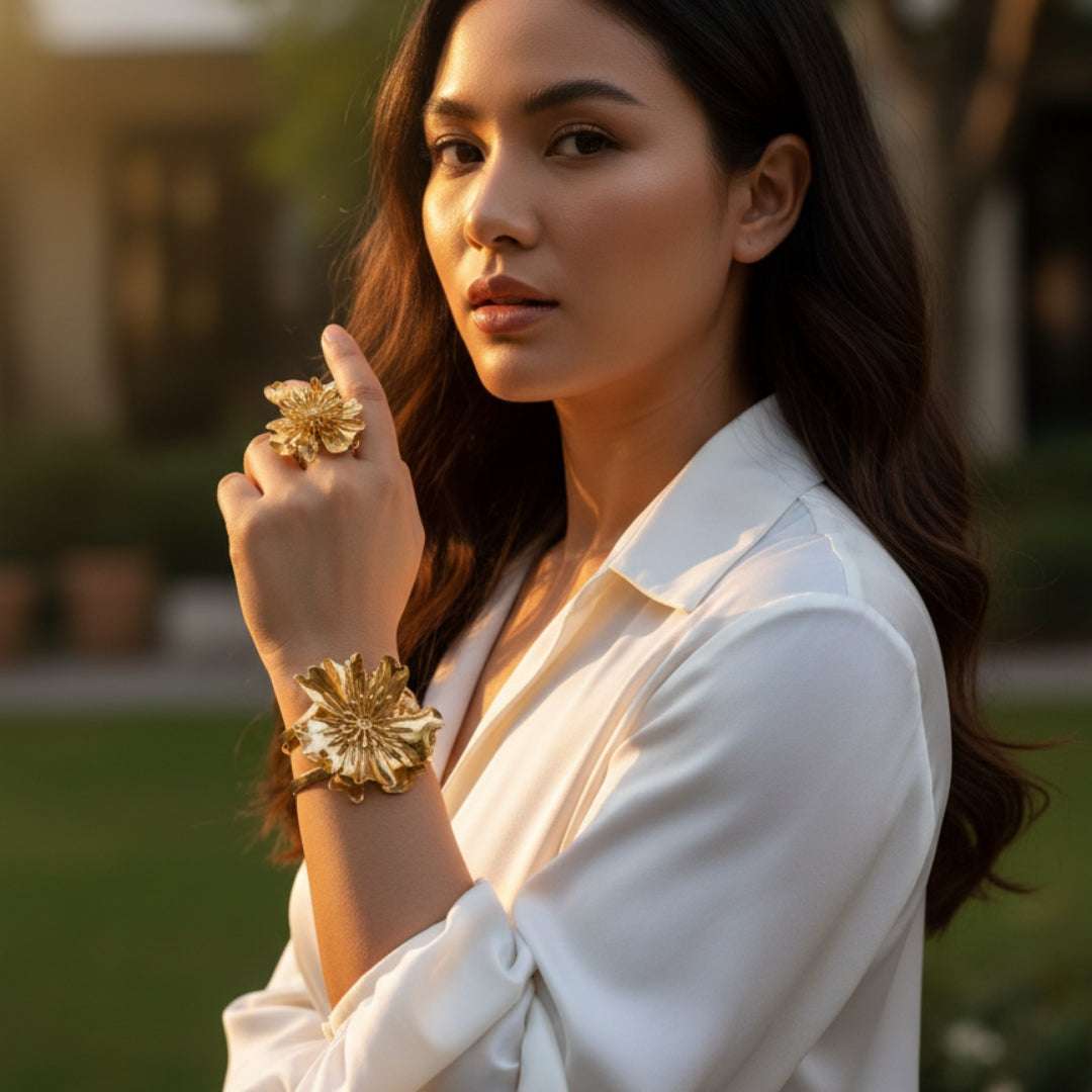 Oversized Gold Bloom Bangle & Ring Set