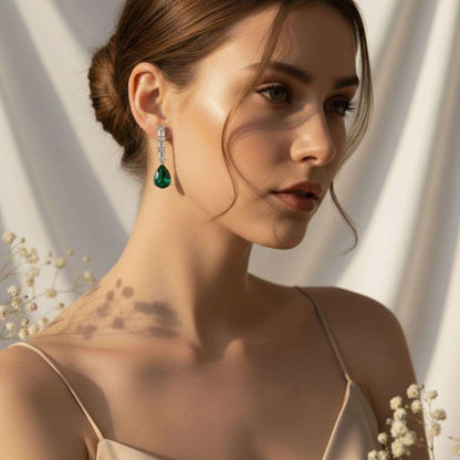 American Diamond Linear Emerald Drop Earrings
