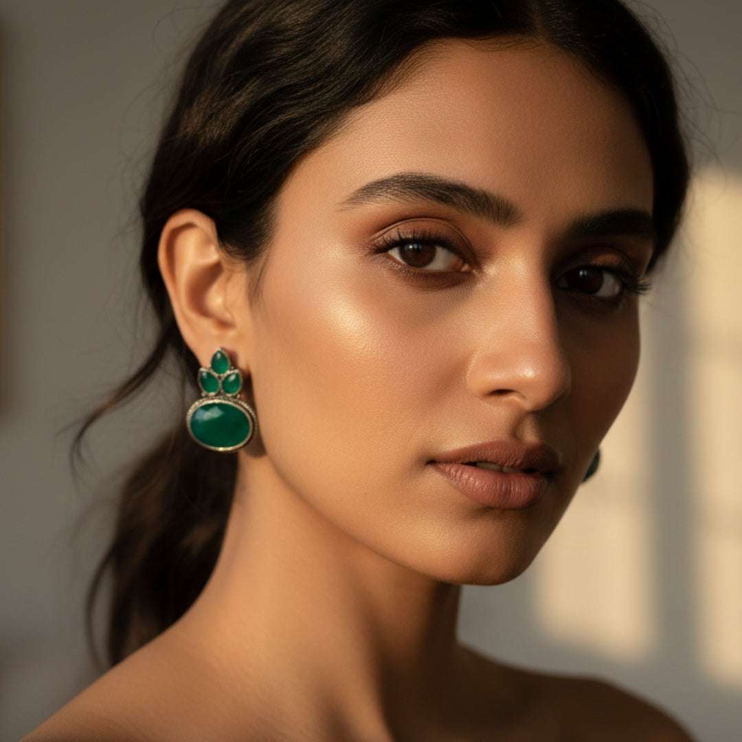 Oxidized Green Stone Oval Stud Earrings