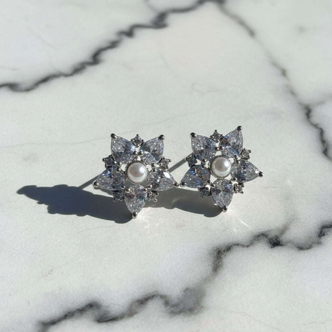 American Diamond Pearl Flower Stud Earrings