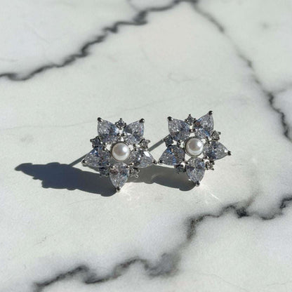 American Diamond Pearl Flower Stud Earrings
