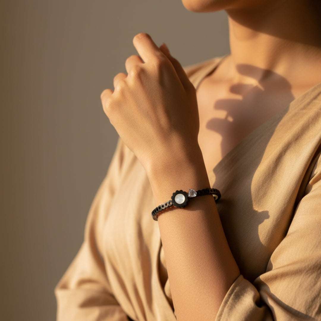 Black Plated Floral Bracelet | Pearl & Crystal Accent Bangle