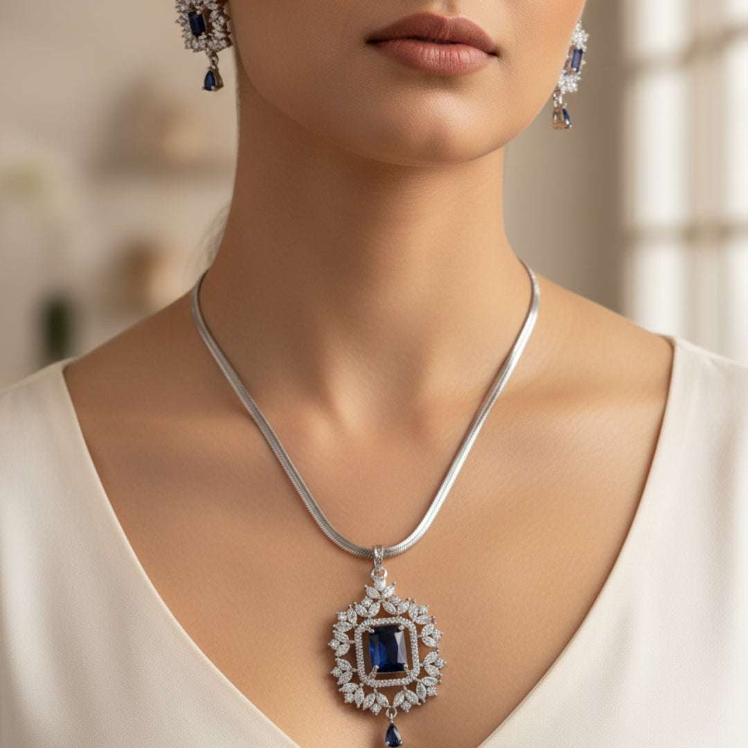 Royal Blue American Diamond Necklace Set