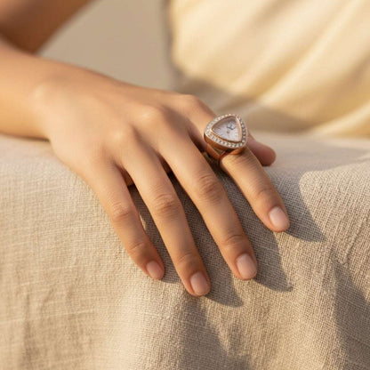 Rose Gold Finger Watch | Crystal Studded Fashion Ring