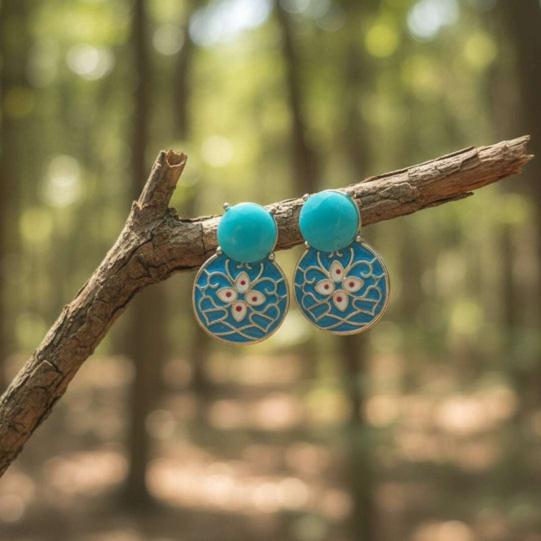 Oxidized Turquoise Blue Enamel Earrings