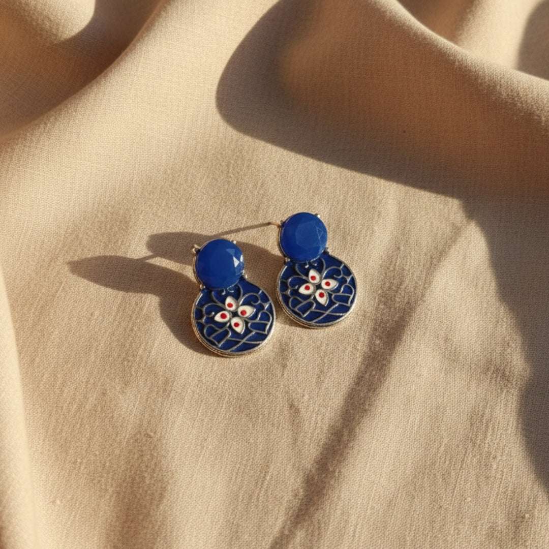 Oxidised Blue Enamel Floral Stud Earrings