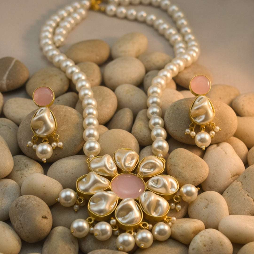 Natural Stone & Pearl Floral Necklace Set