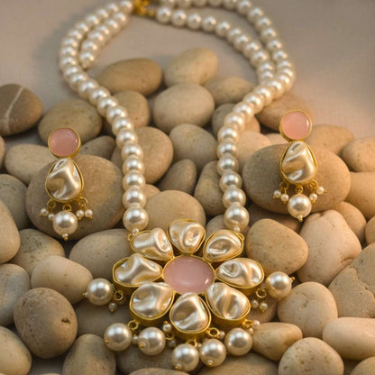 Natural Stone & Pearl Floral Necklace Set