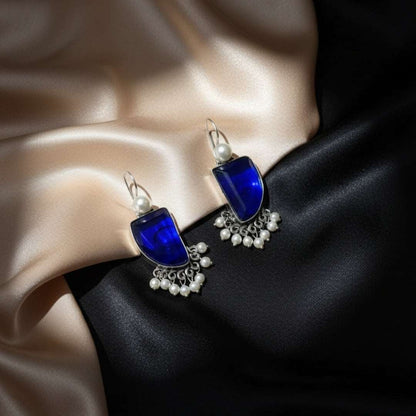Oxidized Royal Blue Stone & Pearl Danglers