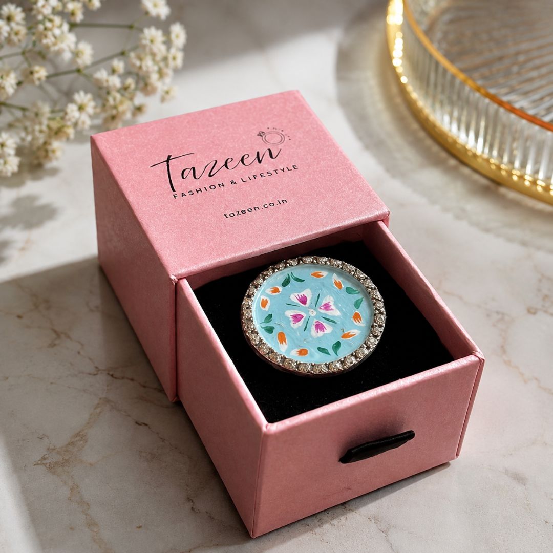 Elegant Meenakari Sky Blue Floral Silver Adjustable Finger Ring