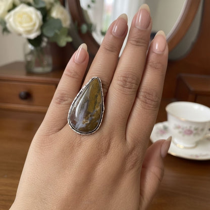 Natural Stone Teardrop Oxidised Silver Statement Ring