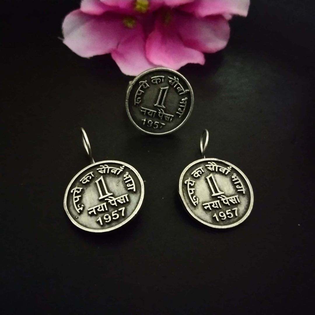 Vintage German Silver 1 Paisa Coin Earrings | Antique Oxidized Ethnic Jewelry