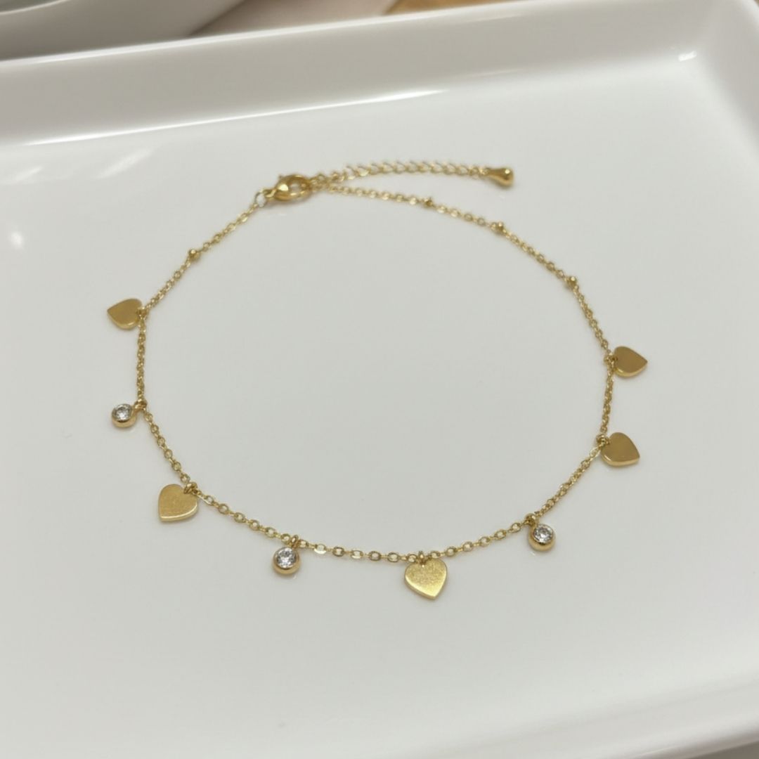 Delicate Gold Anklet with Heart & Stone Charms