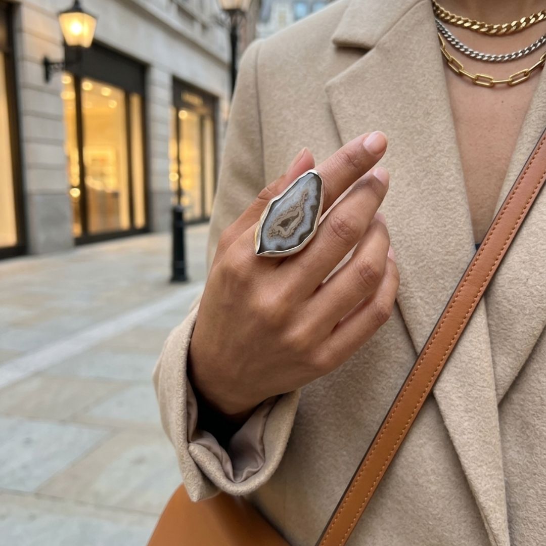 Natural Druzy Agate Slice Ring – Organic Statement Silver Ring