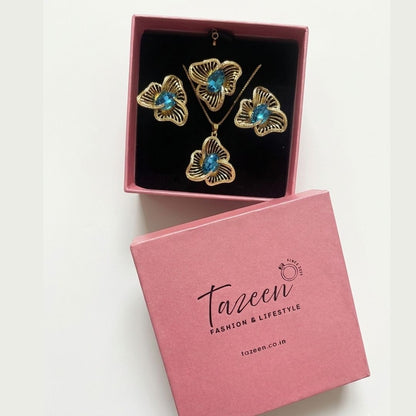Elegant Blue Zircon Floral Necklace Set with Earrings