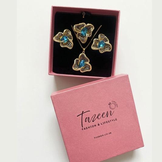 Elegant Blue Zircon Floral Necklace Set with Earrings
