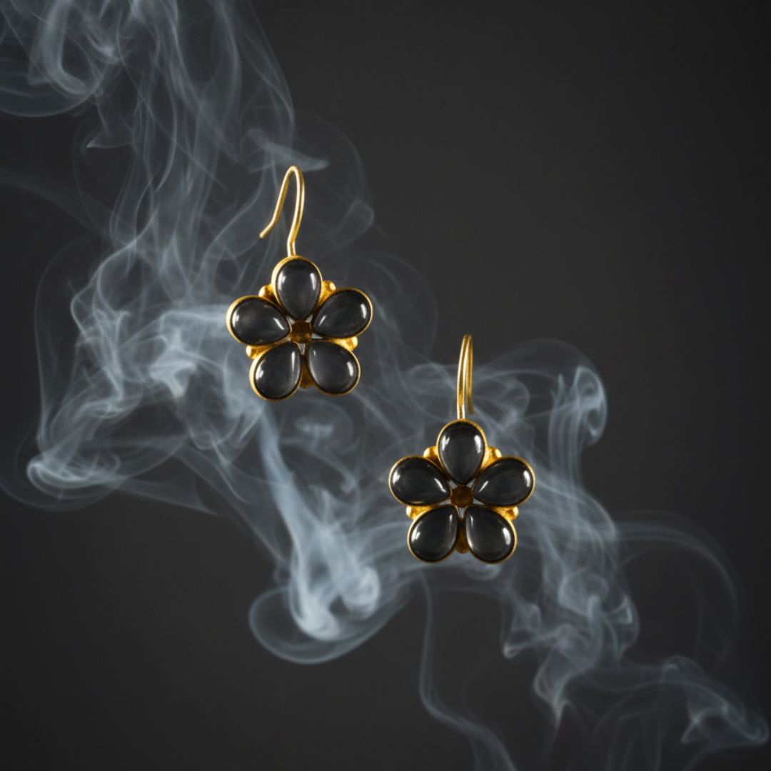 Gold-Toned Floral Drop Earrings with Black Stone Petals