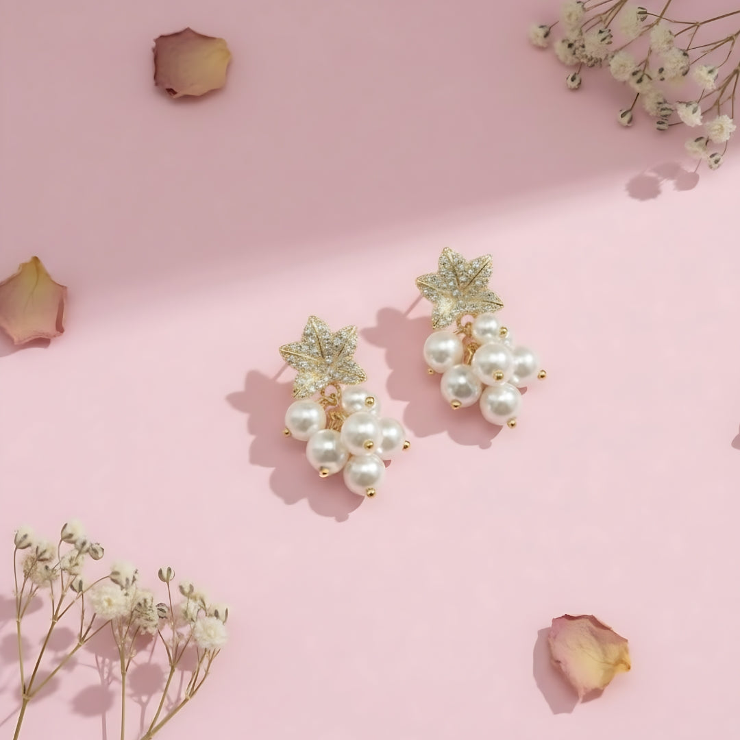 18K Gold Plated Leaf Pearl Cluster Earrings for Women