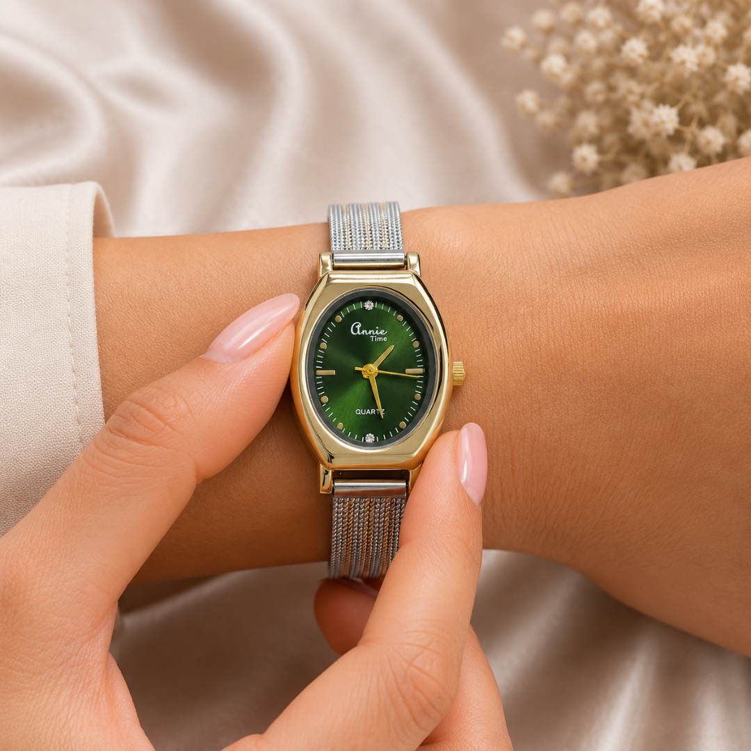 Annie Luxe Oval Women's Watch – Green Dial with 18KT Gold-Tone Stainless Steel Strap