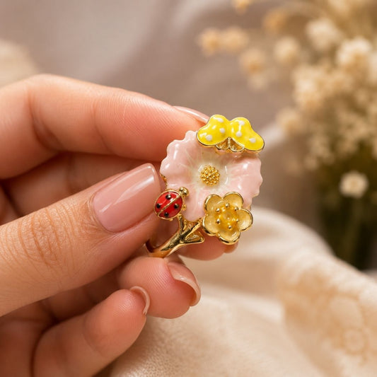 Ladybug Blossom Adjustable Ring – 18K Gold Plated Enamel Floral Ring