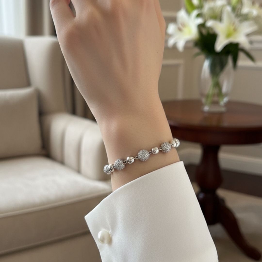Classic Silver Bead Bracelet with Crystal Accents