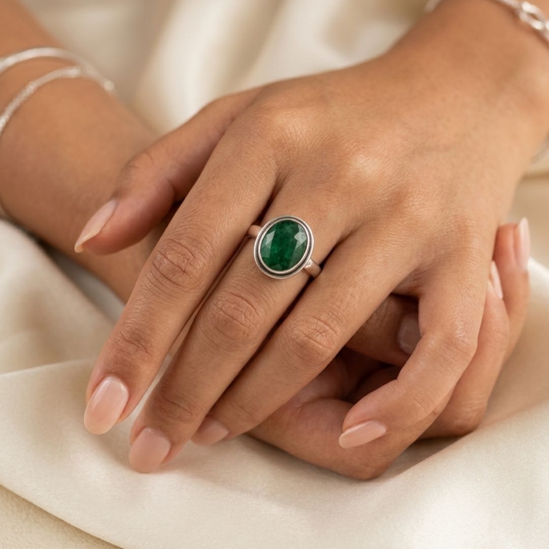 German Silver Ring with Green Oval Stone – Handmade Statement Ring