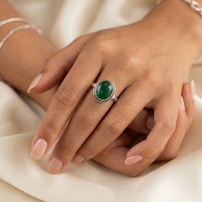 German Silver Ring with Green Oval Stone – Handmade Statement Ring