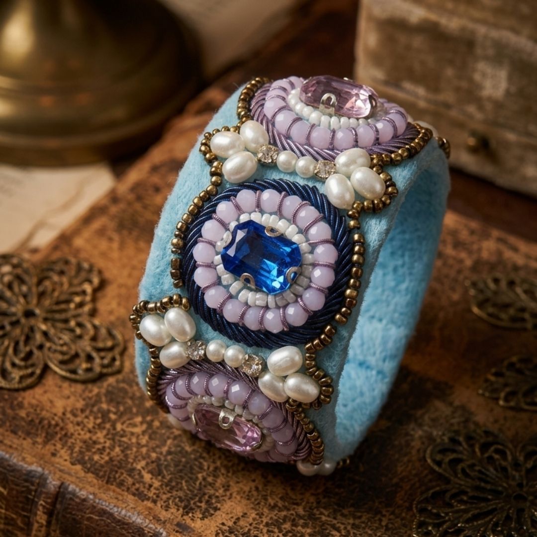 Royal Blue Gemstone Embellished Handmade Bracelet with Pearls