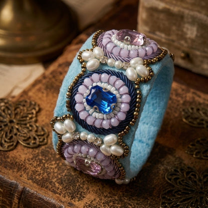 Royal Blue Gemstone Embellished Handmade Bracelet with Pearls
