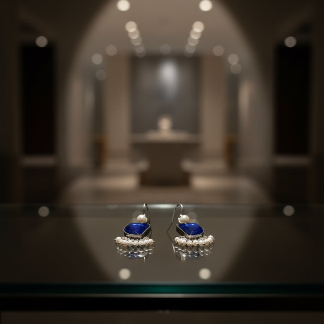 Oxidized Royal Blue Stone & Pearl Danglers