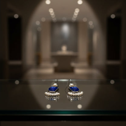 Oxidized Royal Blue Stone & Pearl Danglers