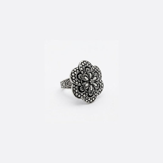 Oxidized German Silver Floral Mandala Statement Ring