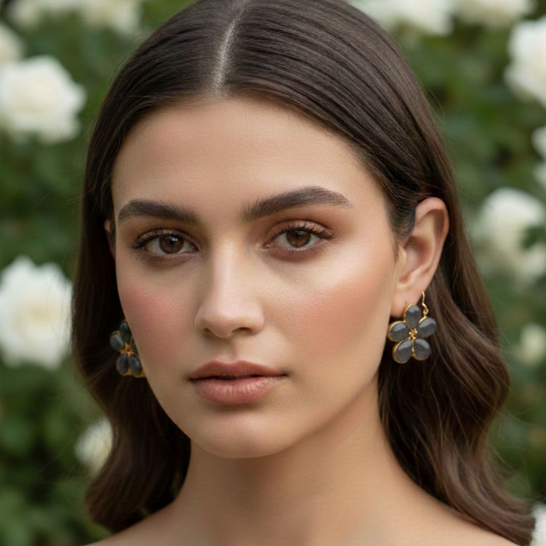 Gold-Toned Floral Drop Earrings with Black Stone Petals