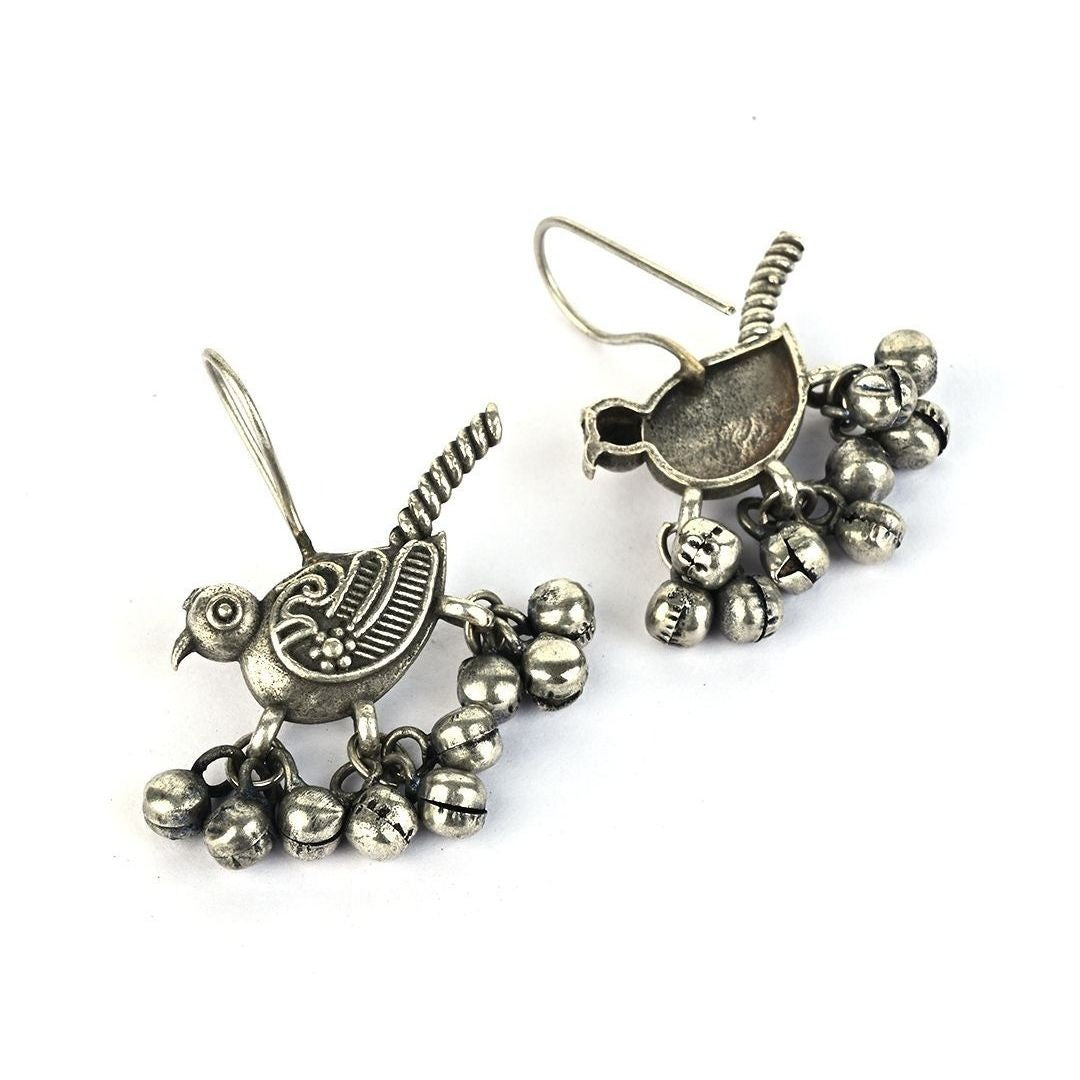German Silver Bird Ghungroo Earrings | Oxidized Tribal Bird Earrings for Women