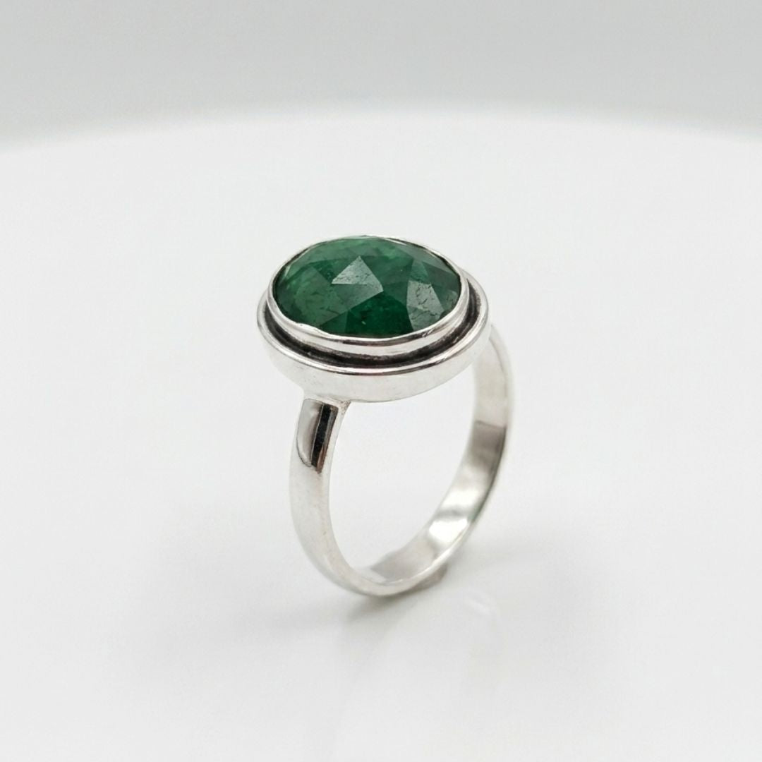 German Silver Ring with Green Oval Stone – Handmade Statement Ring