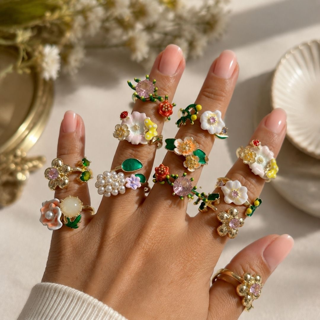 Blooming Floral Open Ring with Pink Oval Crystal