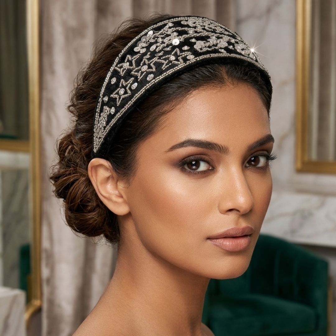 Handmade Premium Velvet Embellished Hairband with Sequins & Star Detailing