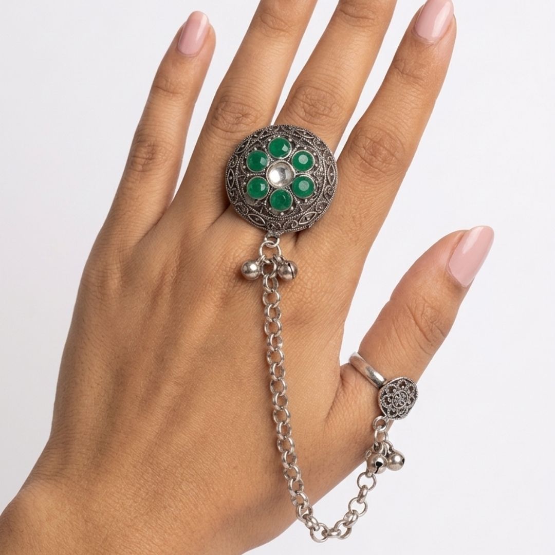 Oxidized German Silver Kashmiri-Style Green Stone Floral Chain Hand Harness Ring
