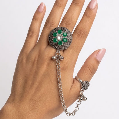 Oxidized German Silver Kashmiri-Style Green Stone Floral Chain Hand Harness Ring